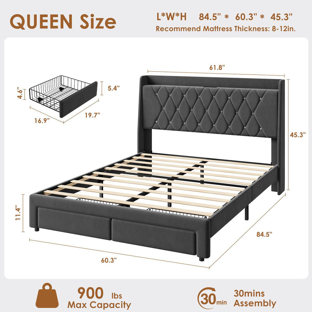 queen velvet upholstered platform bed frame storage drawers - Temu