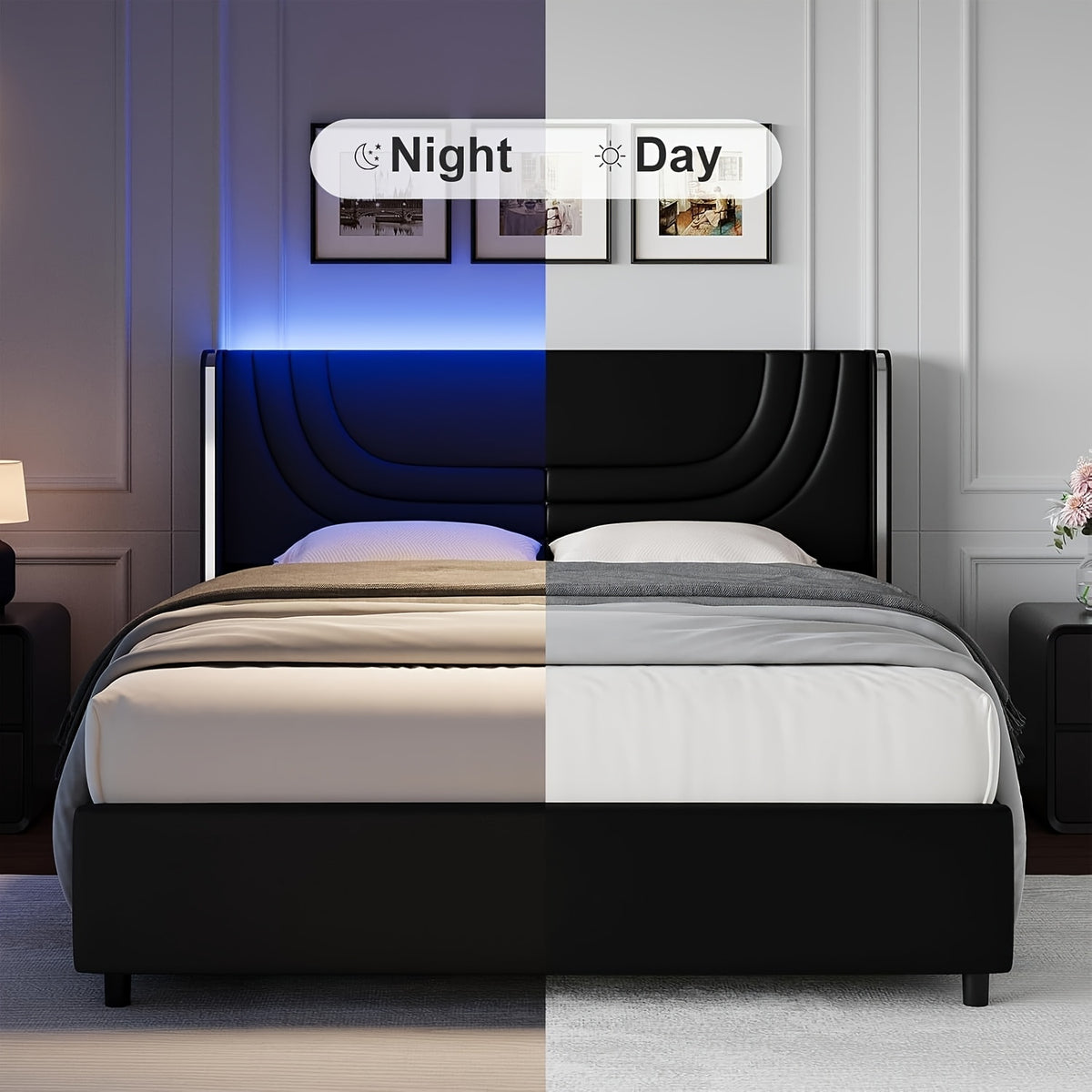 twin full queen size bed frame led lights faux leather - Temu