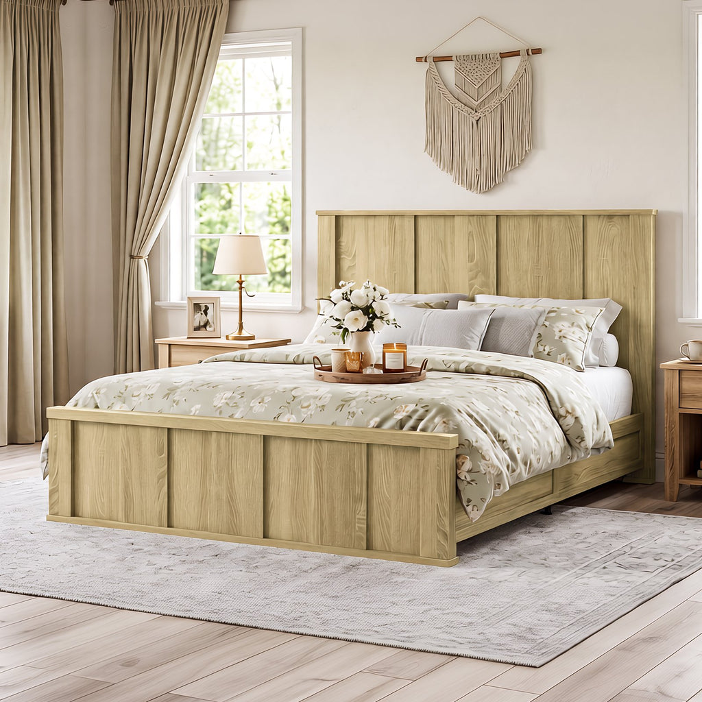 queen size platform bed frame tall wood headboard wood slats - Temu
