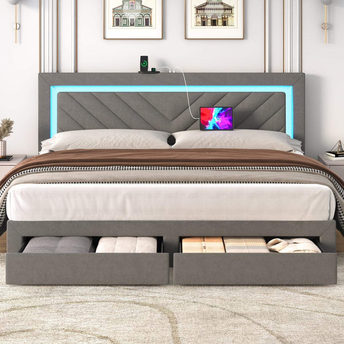 modern upholstered king bed frame adjustable led headboard 2 - Temu