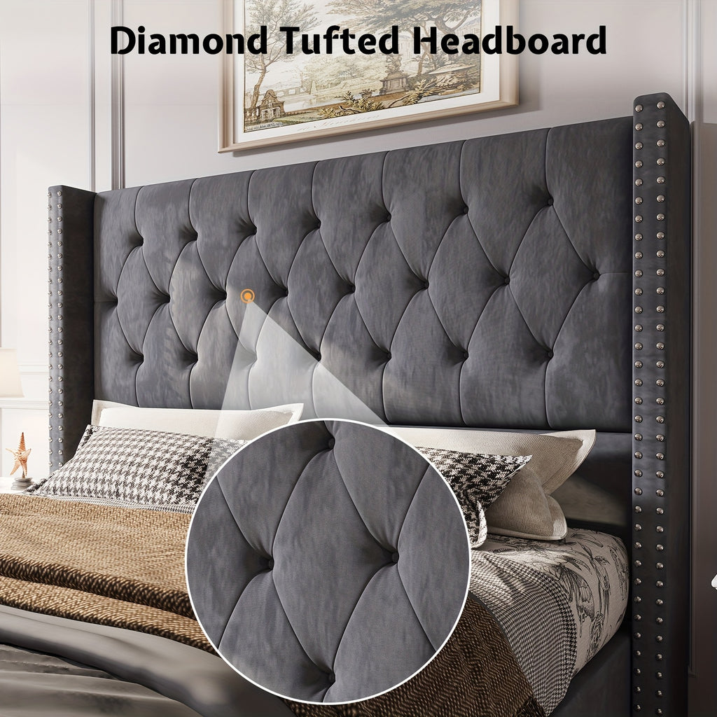 velvet upholstered bed frame wingback headboard no - Temu