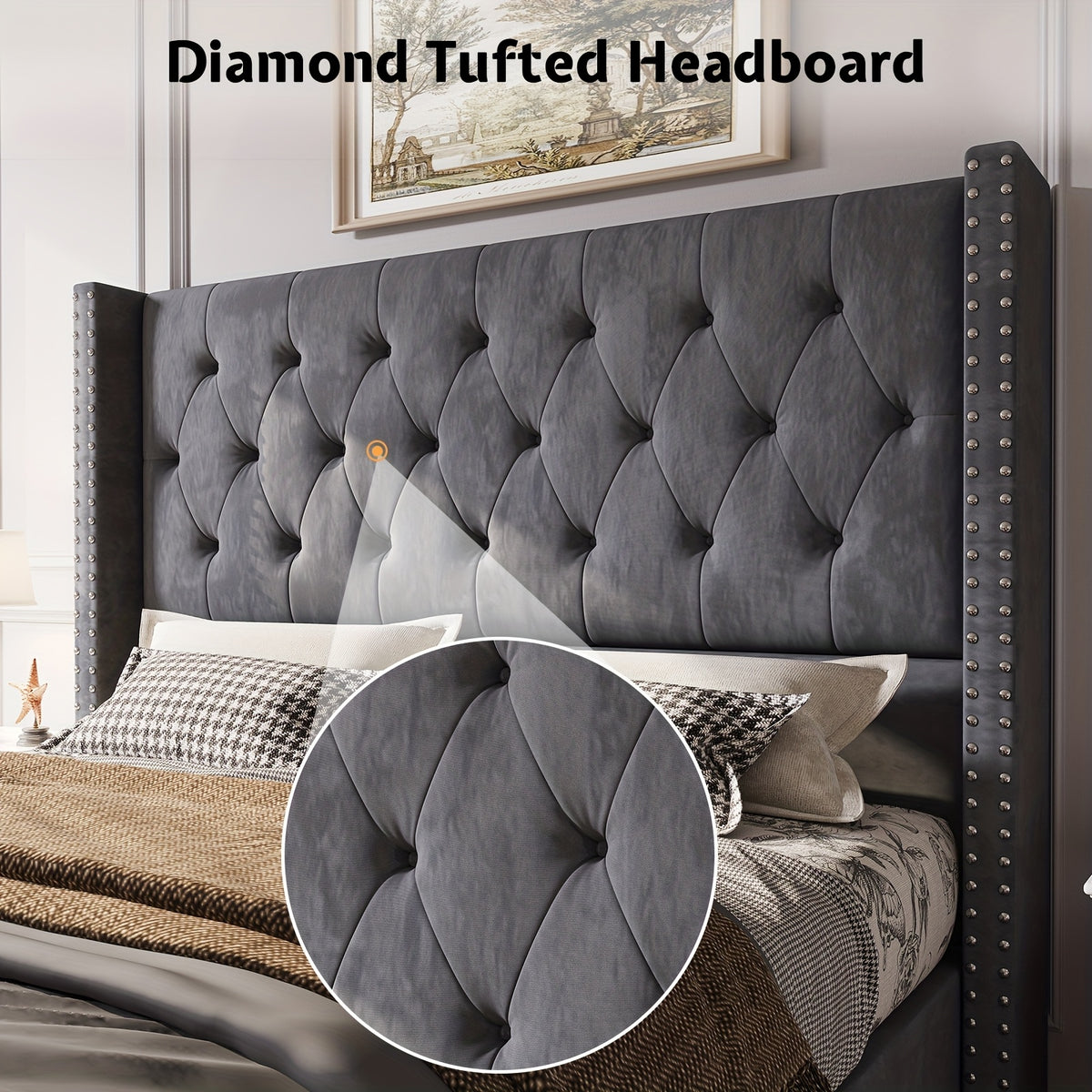 velvet upholstered bed frame wingback headboard no - Temu